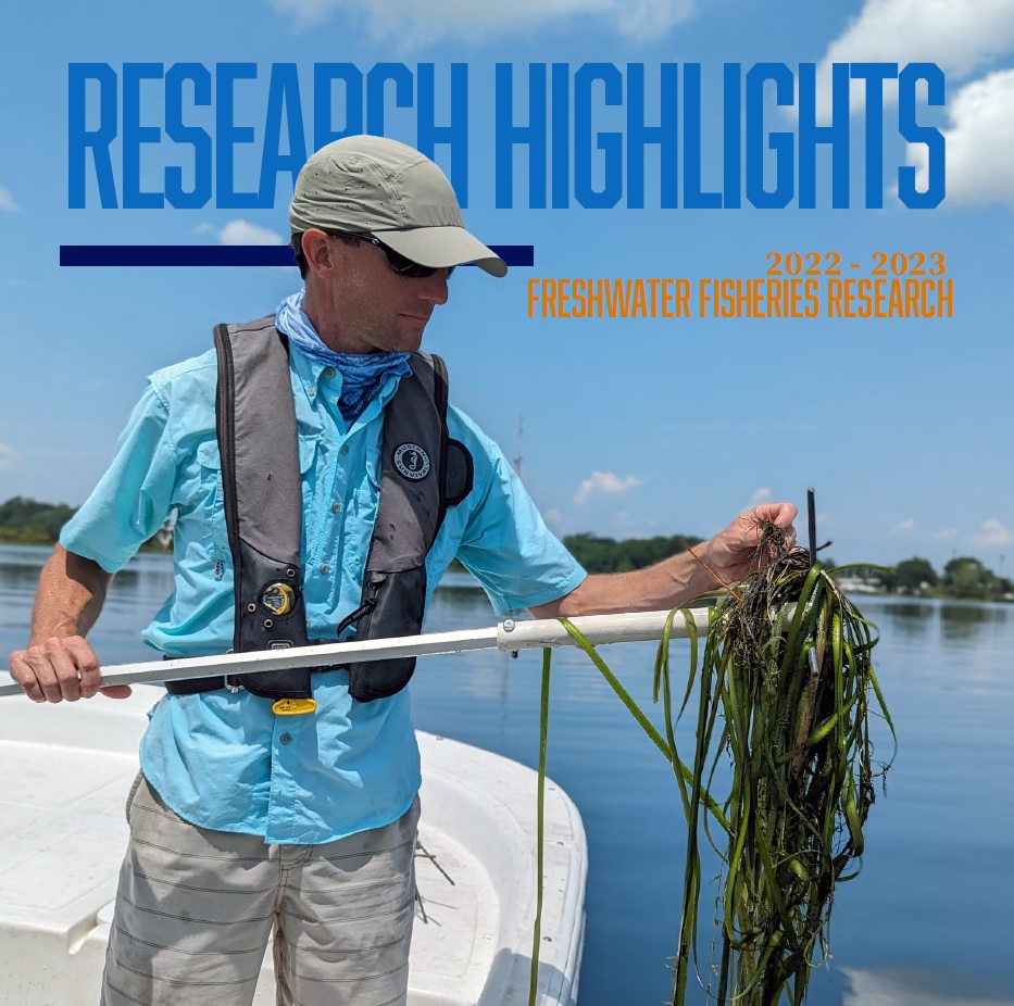 Cover photo depicting aquatic plant sampling used on the cover of the 2023 research highlights document